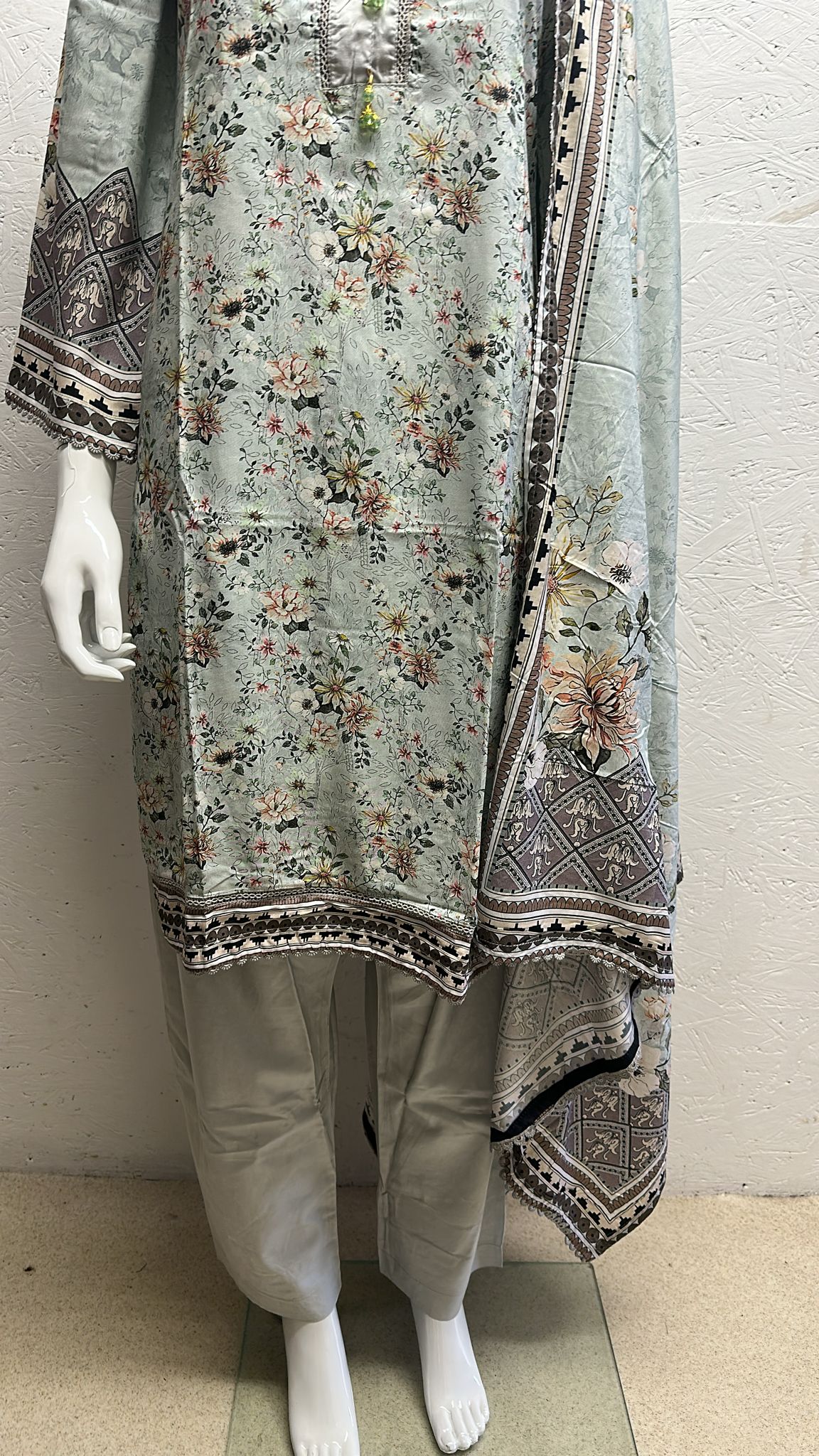 Linen 3 Piece with Plain Trouser and Printed Dupatta