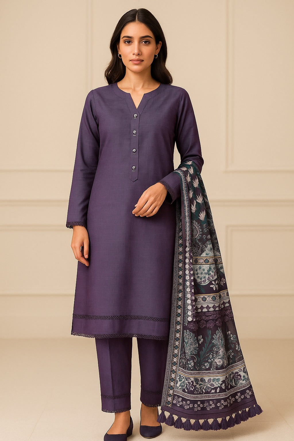 Slub Lawn 3 Piece with Plain Trouser and Printed Lawn Dupatta