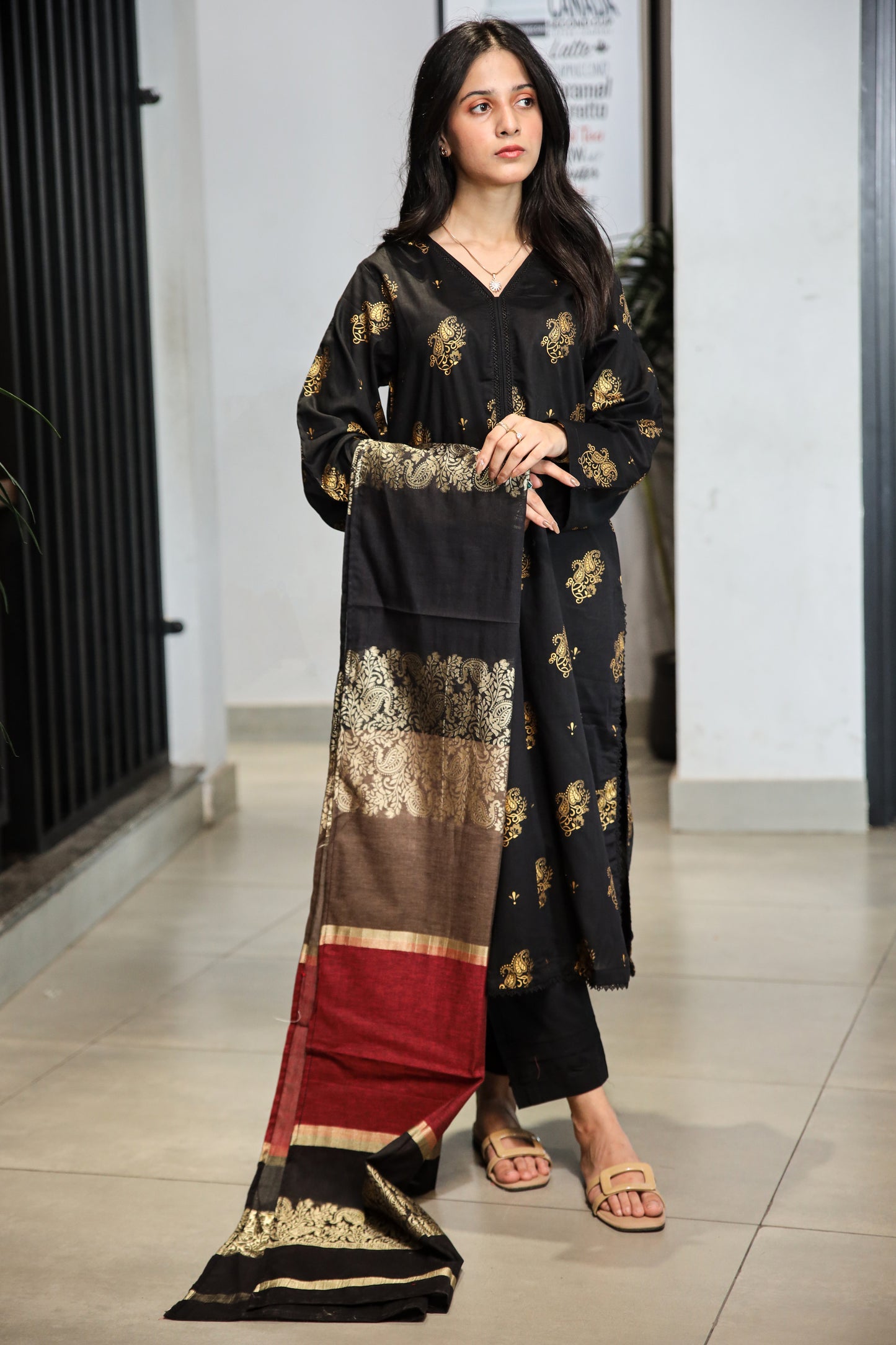 Fancy Lawn Brosha with Plain Trouser and Banarsi Lawn Dupatta