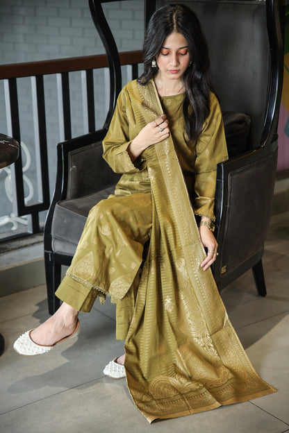Fancy Lawn Brosha with Plain Trouser and Banarsi Lawn Dupatta
