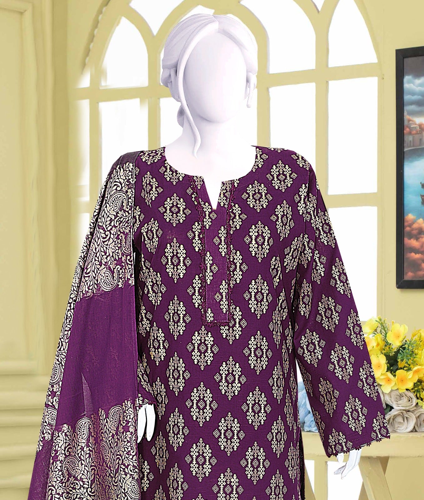 AlKaram Khaddar 3 Piece with Matching Trouser and Banarsi Tilla Shawl