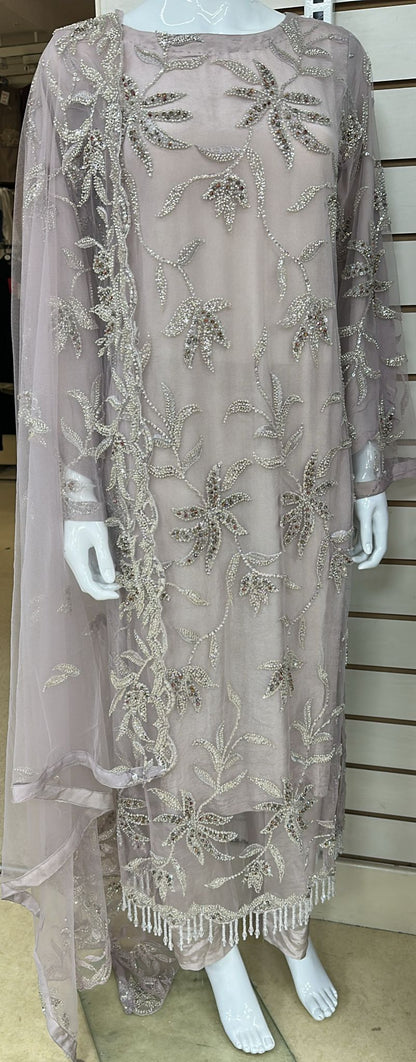 Luxury Party Wear - Handmade Cutdana Embroided Net with Plain Trouser and Embroided Cutdana Dupatta