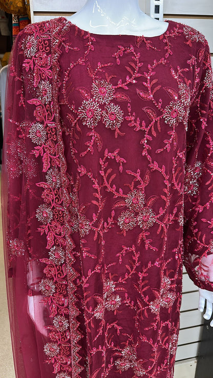 Luxury Party Wear - Handmade Cutdana Embroided Net with Plain Trouser and Embroided Cutdana Dupatta