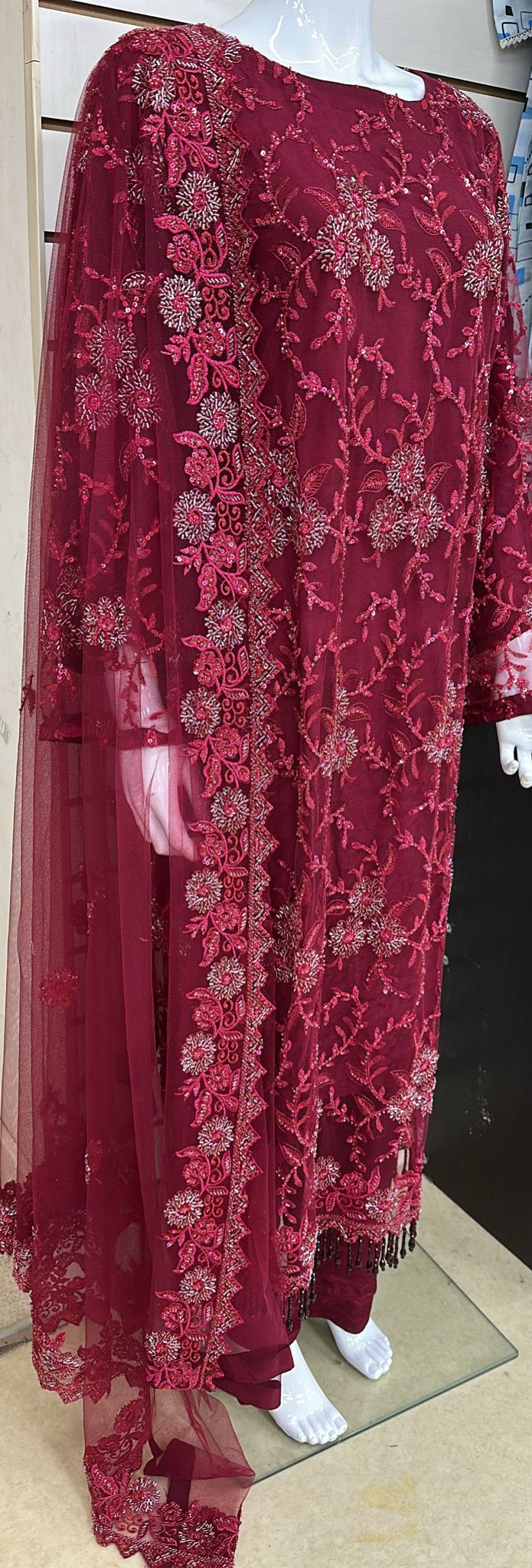 Luxury Party Wear - Handmade Cutdana Embroided Net with Plain Trouser and Embroided Cutdana Dupatta