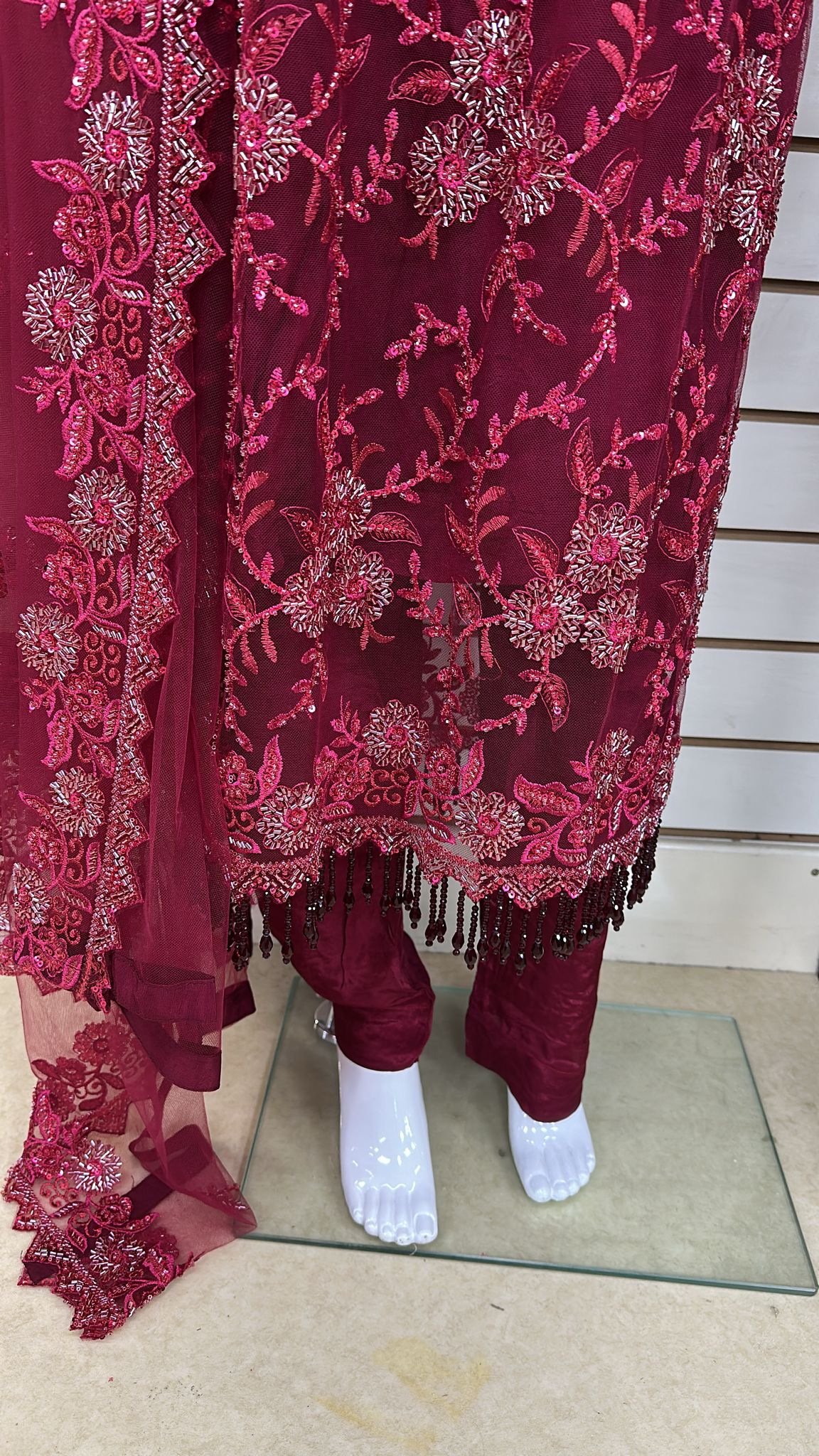 Luxury Party Wear - Handmade Cutdana Embroided Net with Plain Trouser and Embroided Cutdana Dupatta