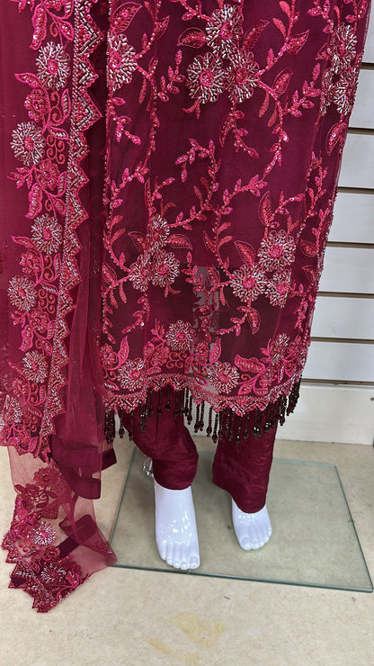 Luxury Party Wear - Handmade Cutdana Embroided Net with Plain Trouser and Embroided Cutdana Dupatta
