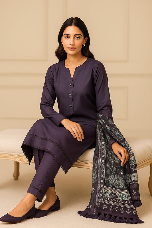 Slub Lawn 3 Piece with Plain Trouser and Printed Lawn Dupatta