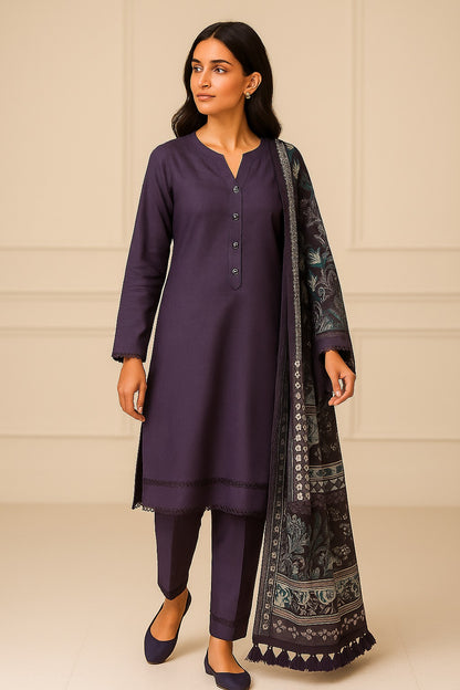 Slub Lawn 3 Piece with Plain Trouser and Printed Lawn Dupatta