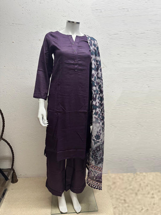 Slub Lawn 3 Piece with Plain Trouser and Printed Lawn Dupatta
